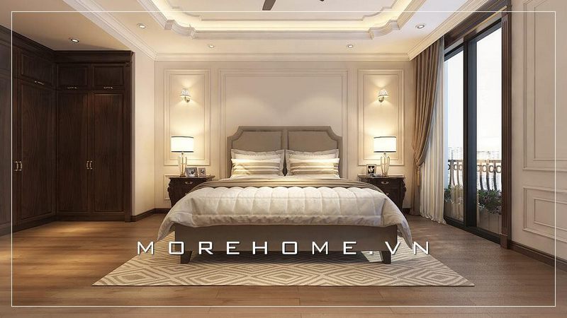 Mẫu giường ngủ 2 người với lối thiết kế độc đáo, cá tính, phần chân gỗ chắc chắn vừa mang lại sự sang trọng, vừa thể hiện được gu thẩm mỹ của gia chủ trong việc chọn lựa